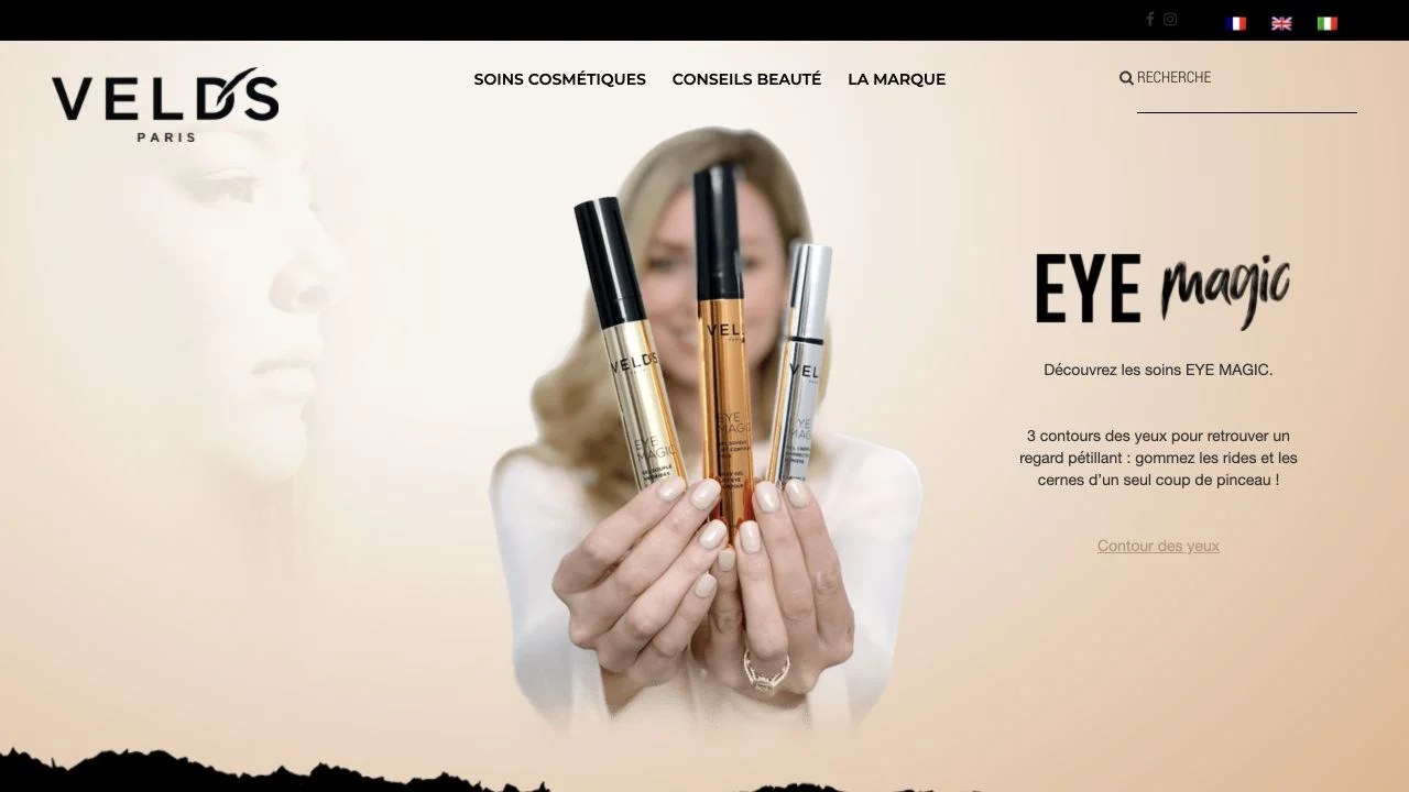 Page d’accueil du site de cosmétiques Veld’s